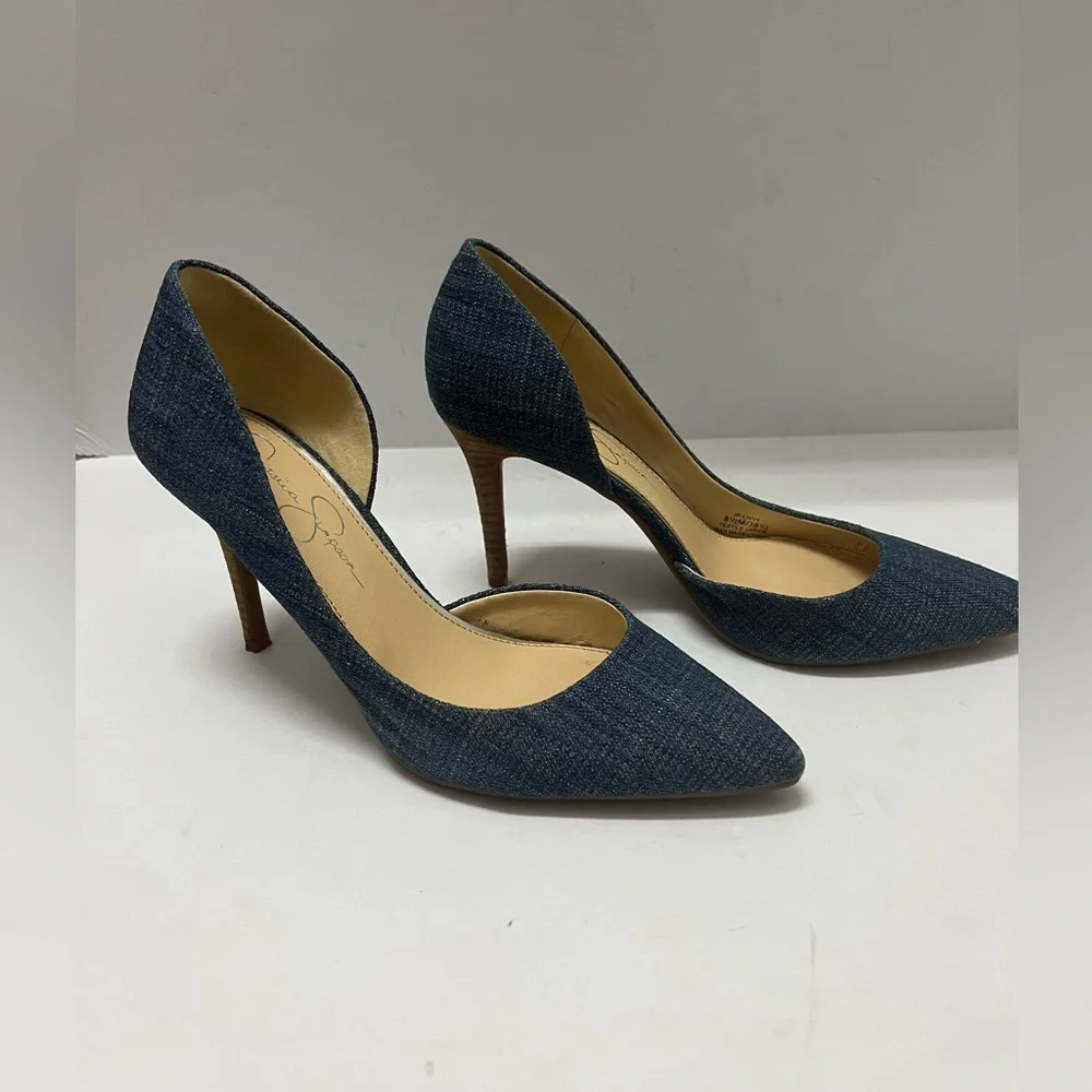 Jessica Simpson denim blue with a cork sole and  Stiletto high heels sz8.5 - Picture 3 of 11